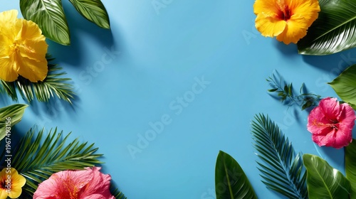 Colorful Flowers and Green Leaves on a Blue Background During Daytime in a Tr...