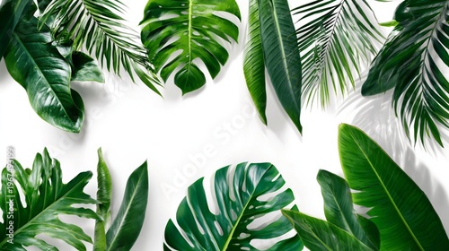 Green Leaves Arranged on a White Background Showing Different Types of Plants in a Simple Layout
