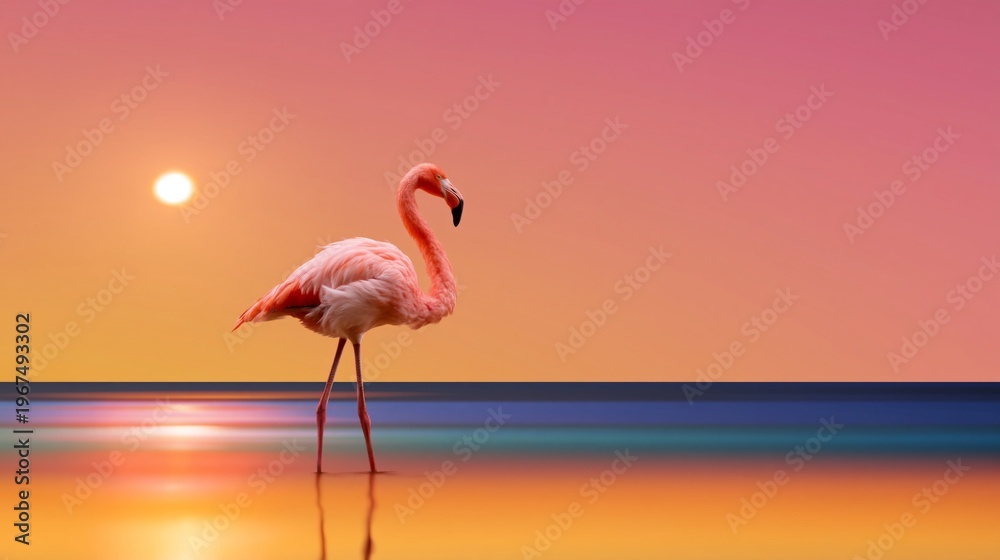 Obraz premium Flamingo Standing in Shallow Water During Sunset at a Beach With Colorful Sky
