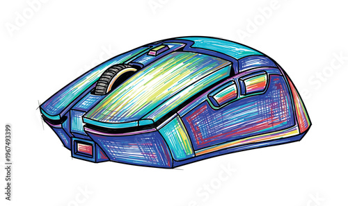 Colorful sketch of a modern ergonomic gaming mouse with vibrant hues