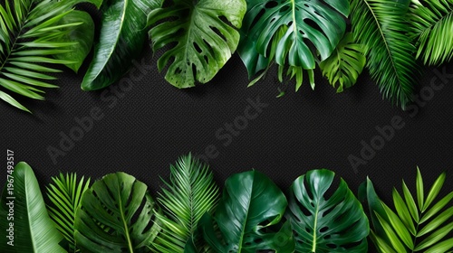 Green Leaves and Palm Fronds Arranged on a Dark Surface in a Natural Layout for Design Elements