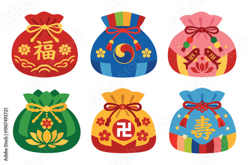 Korean traditional lucky bags, bokjumeoni, displaying various patterns and symbols for good fortune and blessings