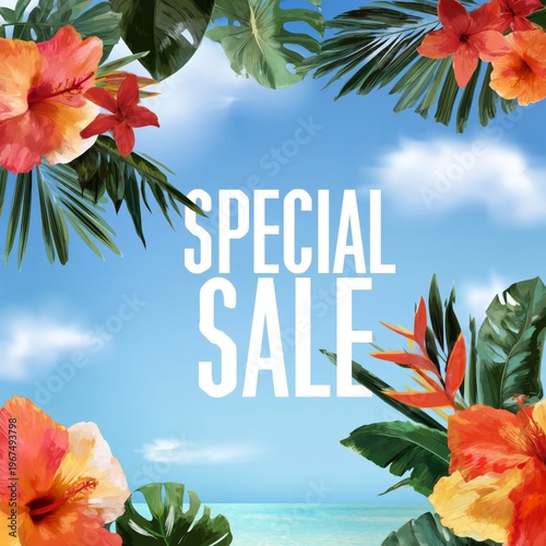 Special Sale Sign With Flowers and Palm Leaves Against a Blue Sky and Ocean B...