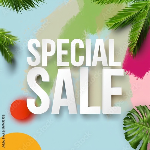 Special Sale Announcement in a Tropical Beach Setting With Palm Trees and a C...
