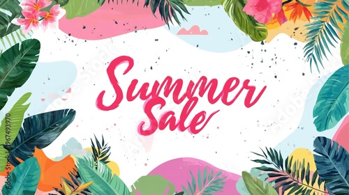 Summer Sale Announcement With Colorful Palm Leaves and Flowers in a Vibrant D...