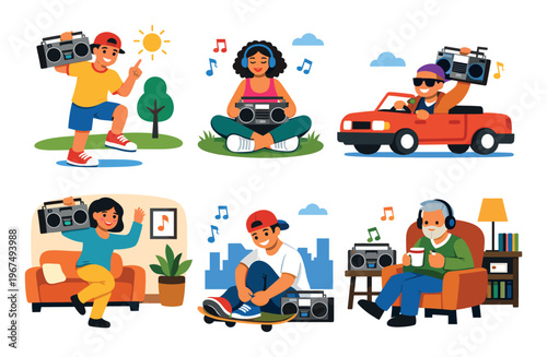 Various diverse people relaxing and listening to music outdoors and indoors, holding or near a classic boombox
