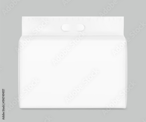 Realistic stand bag with hole handle mockup. Front view. Vector illustration isolated on grey background. Suite for the presentation of changing mats, pads, diapers, wet wipes, pants. EPS10.