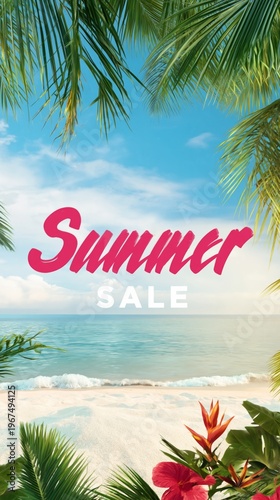 Summer Sale Sign With Beach Scene and Palm Trees in Background
