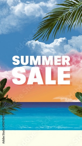 Summer Sale Sign With Beach Scene and Palm Trees in Background