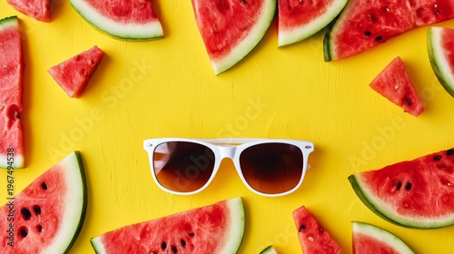 Slices of Watermelon and Sunglasses on Bright Yellow Background Create Summer...