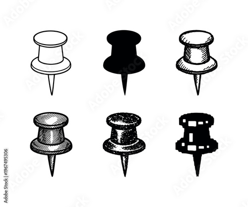 Colored push pin thumbtack with round head and sharp metal point used to attach notes to bulletin boards