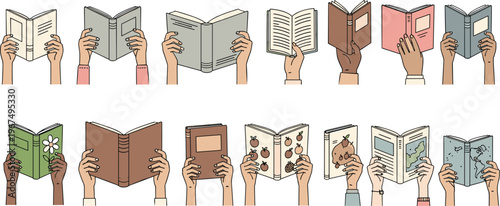 Hands Holding Various Books with Different Covers for Reading, Literature, and Education Designs