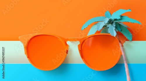 Bright Summer Scene With Sunglasses on Colorful Background and Tropical Elements