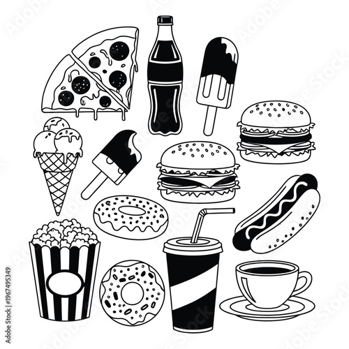 A black and white illustration featuring various fast food and sweet treats