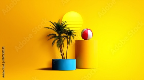 Colorful Wall With Shapes, Palm Plant, and Beach Ball in Modern Space