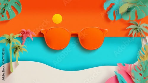 Bright Summer Scene With Sunglasses on Colorful Background and Tropical Elements