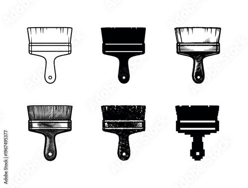 Flat paint brush with wide bristle edge used for covering large areas with paint  containing EXACTLY six