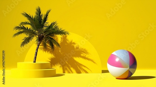 Bright Beach Scene With Palm Tree and Colorful Beach Ball Near Sunny Background