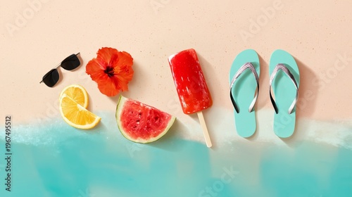 Colorful Summer Items Arranged on a Blue Surface With Drinks, Fruits, and Acc...
