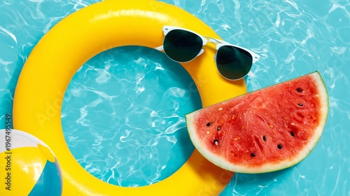 Colorful Beach Items by the Pool on a Sunny Day Near the Ocean