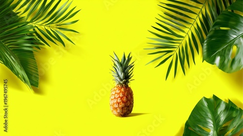 Pineapple Sits Between Palm Leaves on Yellow Background in Bright Light Durin...