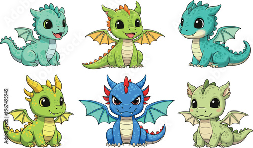 Playful Baby Dragon Character Set with Colorful Wings and Expressions for Fantasy, Animation, and Kids' Illustrations