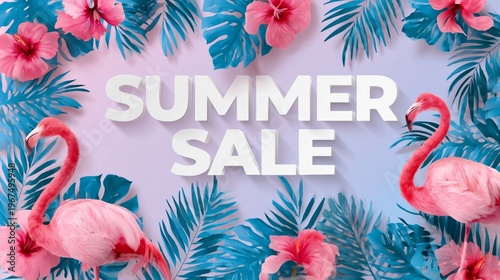 Summer Sale With Tropical Flowers and Flamingos on a Light Background