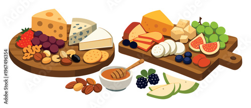 Serving delicious gourmet cheese boards, accompanied by grapes, strawberries, figs, apples, nuts, crackers, and dipping honey