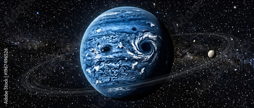 Neptune gas giant planet with rings and moon in space
