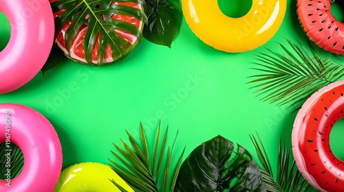 Colorful Pool Floats and Tropical Leaves on a Bright Green Background During ...