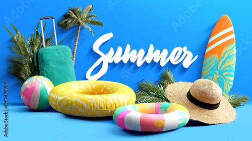 Colorful Summer Items Arranged on a Blue Background With a Focus on Fun Activ...