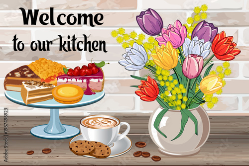 Invitation with spring flowers and desserts.Color vector illustration with a bouquet of spring flowers and sweet desserts on a wooden tabletop and brick wall with text.