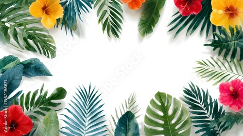 Colorful Flowers and Green Leaves Create a Vibrant Border on a Plain Background