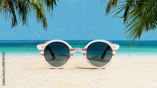 Sunglasses on Sandy Beach With Palm Trees and Ocean View in Bright Daylight