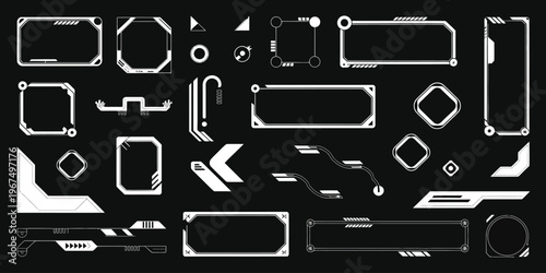  Digital technology bar, banner, panels, divider, box, high tech lines.Futuristic UI interface elements. Sci-Fi frames and callouts titles. Game graphic dashboards. Vector set
