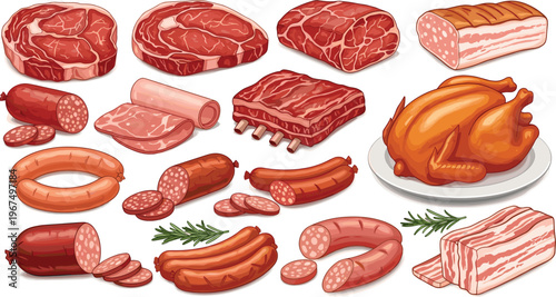 Variety of Fresh Meat Cuts Including Beef, Pork, Sausages, Bacon, Chicken, and Cold Cuts for Culinary and Food Preparation Designs