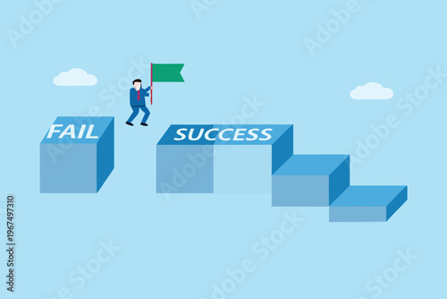 Man plants flag on success block overcoming failure with determined steps