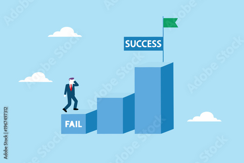 A businessman reaches for success overcoming failure with determination