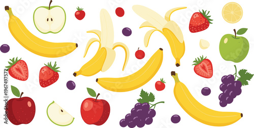 Vector Fruit Collection with Bananas, Apples, Strawberries, Grapes, Cherries, and Lemons for Healthy Eating, Smoothies, and Fresh Food Designs