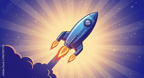 A cartoon rocket ship blasting off into a starry night sky with a bright sunburst
