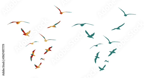 Colorful seagulls are flying. hand drawing. Not AI. Vector illustration