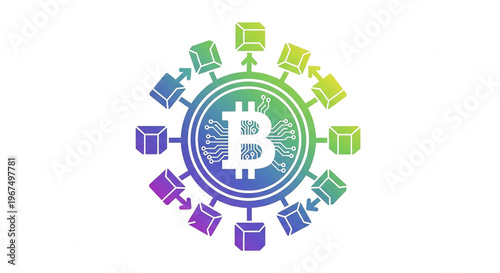 A colorful vector graphic illustrating a cryptocurrency concept with bitcoin symbol