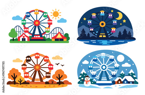 Ferris wheel illustrations showcasing amusement park attractions across different seasons and times of day, including summer, autumn, winter, and night