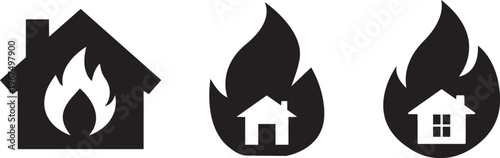 Fiery Home Iconography: A collection of symbolic house icons engulfed in flames, representing the destructive power and hazards of fire and its impact on property.