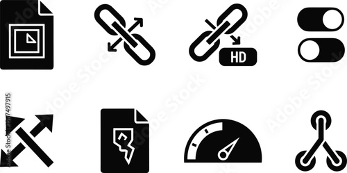 File linking and connectivity icons set including broken link hd toggle speed meter share and document symbols isolated on white backgroundFile linking and connectivity icons set including broken link