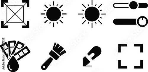 Photo editing and design tools icons set including brightness sliders crop color palette brush and selection tools isolated on white background