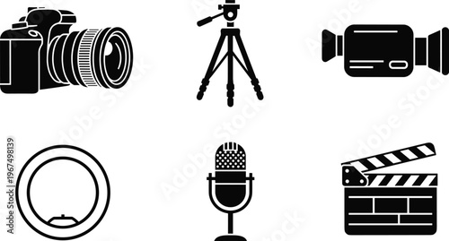 Professional photography and videography equipment icons set including camera tripod camcorder ring light microphone and clapperboard isolated on white background