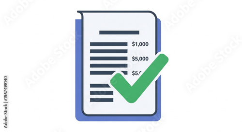 A vector graphic illustration of a document with a green checkmark symbolizing approval or confirmation of financial data.
