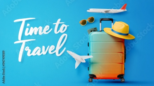 Travel Plans Start With a Suitcase, Airplane, and Travel Accessories on a Blu...