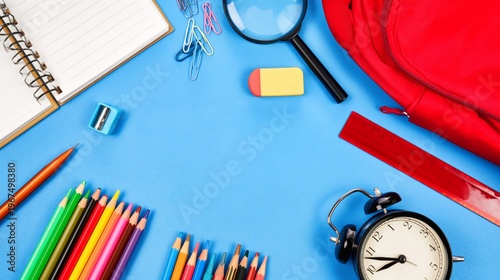 School Supplies With Clock and Notebook on Blue Table With Backpack and Color...